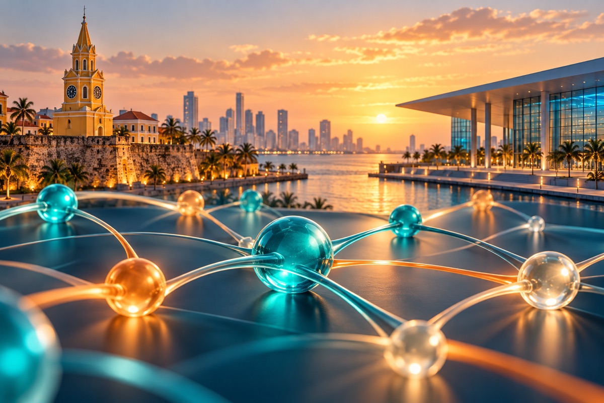 Ilustración conceptual de conexiones tecnológicas con arquitectura inspirada en Cartagena